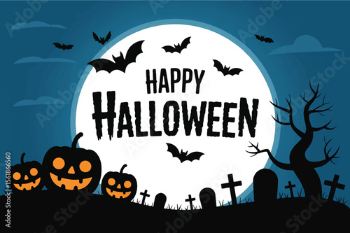 Halloween Night with Pumpkins Bats and Spooky Background