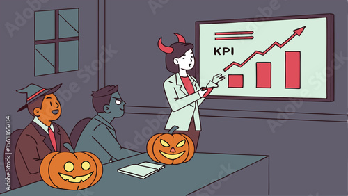 Halloween themed kpi meeting with a devil presenter and attendees in costumes and pumpkins