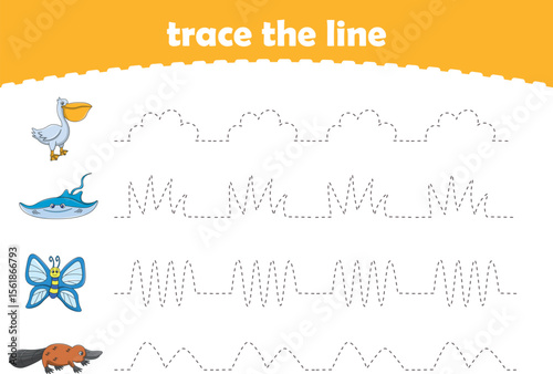Handwriting Practice. Tracing lines for kids with animals. Vector Illustration