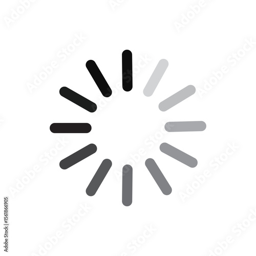 Circular loading spinner with radiating segments in shades of gray and black isolated on transparent background