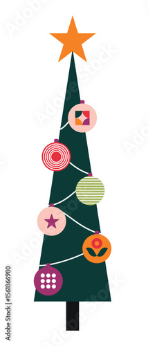 Christmas geometric pine tree of abstract bauhaus pattern, vector holiday banner. Christmas ornament of simple shapes with circle baubles mosaic and green geometric branches for web, mobile, post card