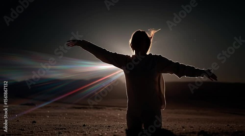 Silhouette stretching at sunrise with cinematic motion and upper text zone.
