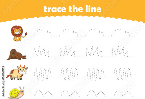 Handwriting Practice. Tracing lines for kids with animals. Vector Illustration