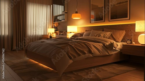 Modern bedroom interior with brown color and posters in dark, home design and decor with lamps. Theme of bed, light, room
