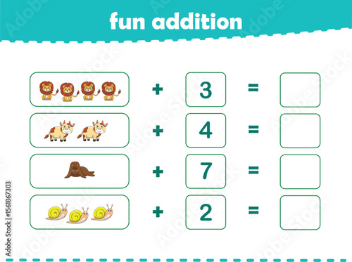 Game for children fun addition by counting cute wild animals pictures printable worksheet vector