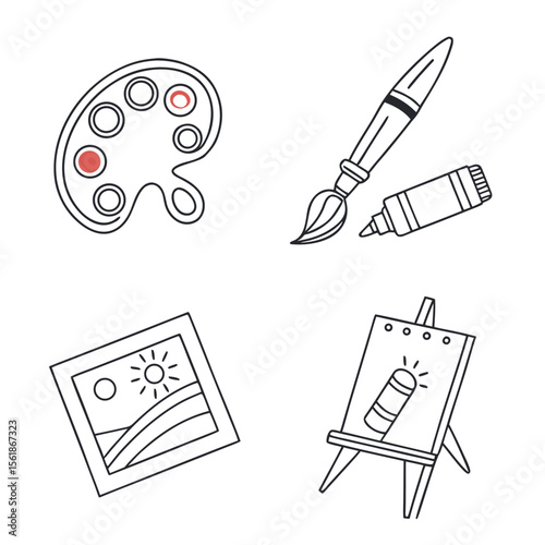 A collection of hand drawn art supplies including a paint palette with dabs of color a paintbrush and tube of paint a framed landscape painting and an easel with a drawing