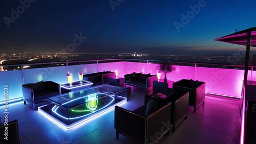 Rooftop bar at night with city view