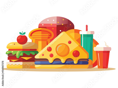 Delicious and colorful fast food items including a burger sandwich and drinks isolated on white background
