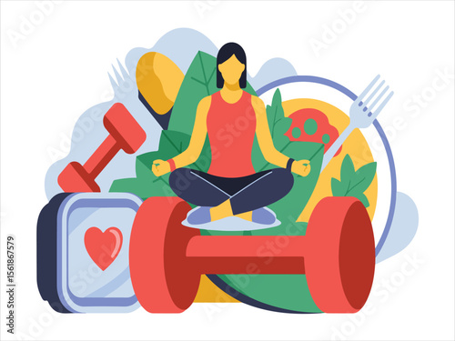 Woman meditating with dumbbells and healthy food representing balanced lifestyle