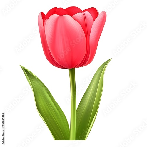 A single red tulip with vibrant green leaves on a white background