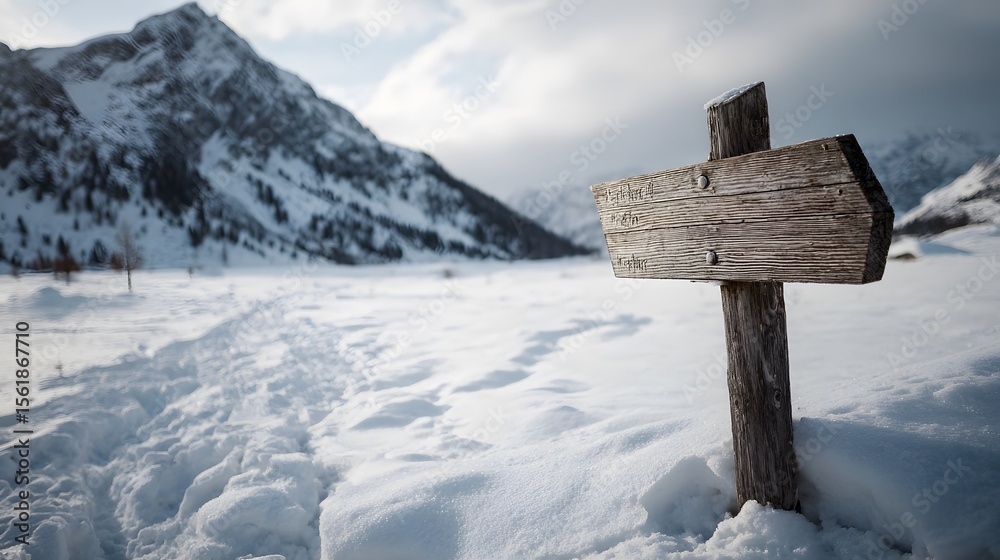 Naklejka premium Wooden Signpost Standing Tall in a Serene Snowy Landscape Under a Clear Winter Sky