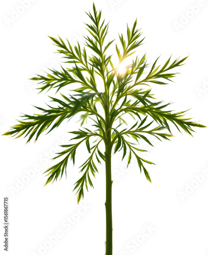 create an image of a small sprig of dill leaves with a feathery texture, captured from a first person perspective in eye level shot
