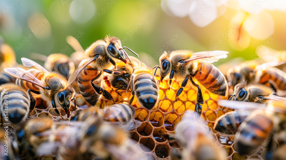 Close-up of honeybees working diligently on honeycomb, showcasing intricate details of their bodies and the golden honey, highlighting the importance of pollination in nature's ecosystem Close-up of honeybees working diligently on honeycomb, showcasing intricate details of their bodies and the golden honey, highlighting the importance of pollination in nature's ecosystem