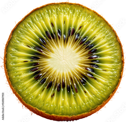 create a vibrant and appetizing image featuring a freshly cut kiwi fruit in half to reveal its juicy interior, employ a low angle perspective to add depth and dimension to the position
