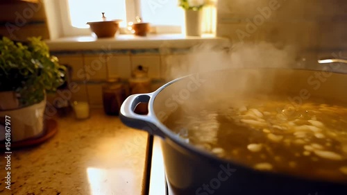 Soup simmering in a pot on a stove