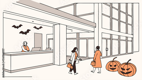 People walking into building with reception desk and halloween decorations in october scene