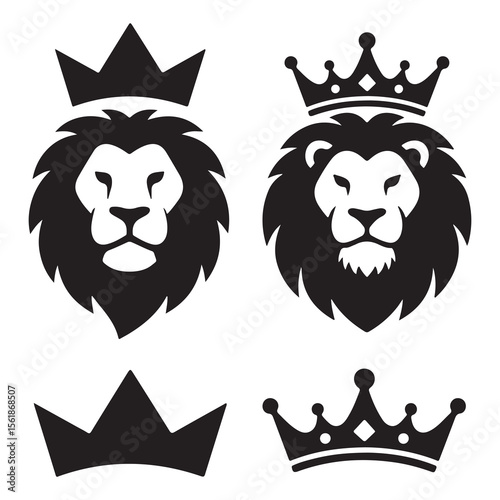 Lion head icon with crown king of queen wild animal vector tattoo design