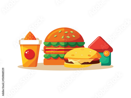 Delicious fast food meal with burger drink and fries isolated on white background
