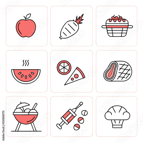 A collection of nine flat design icons representing various food items and a medical syringe presented in a grid format with a coral color accent