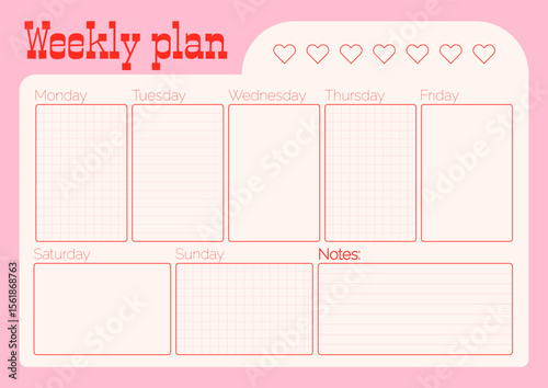 Cute retro Pink Weekly Planner with Grid and Notes Sections and Heart Icons for a habbits