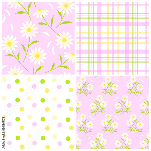 Seamless Summer Pattern Set with Daisies, Plaid and Polka Dots Vector Collection