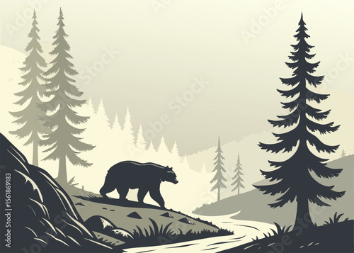 Bear walking in foggy forest – vector silhouette of wild bear in misty woodland landscape