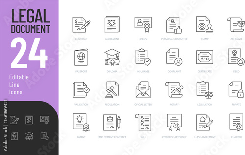 Legal Document Editable Icons set. Vector illustration in modern thin line style of icon pack contain passport, contract, agreement, and more. Isolated on transparent background.