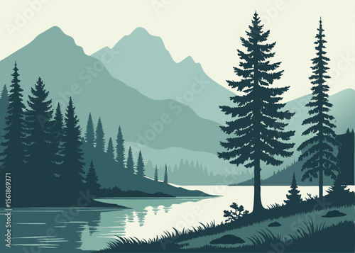 Calm forest lake reflection – vector landscape of still water reflecting trees and sky