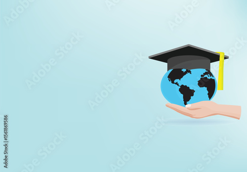 Hand holds a globe symbolizing education and global achievement, Ideal for educational content, graduation announcements, or international studies, 