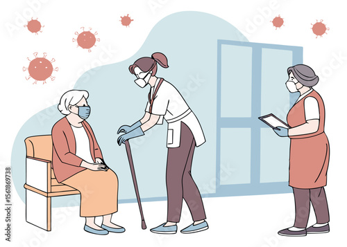 Vaccination of the elderly against coronavirus. Vector illustration of an elderly woman vaccinated by a doctor and a queue of people waiting. Isolated on background