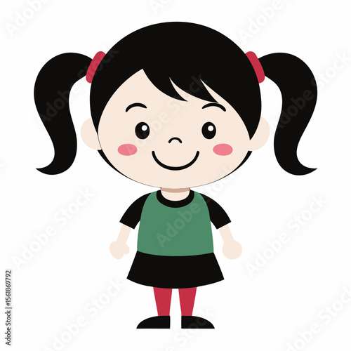 happy girl, black hair girl, girl with ponytails, two ponytails girl, smiling girl, cheerful child, joyful girl, full body girl, full-length girl, standing girl, cartoon girl, child character, black h