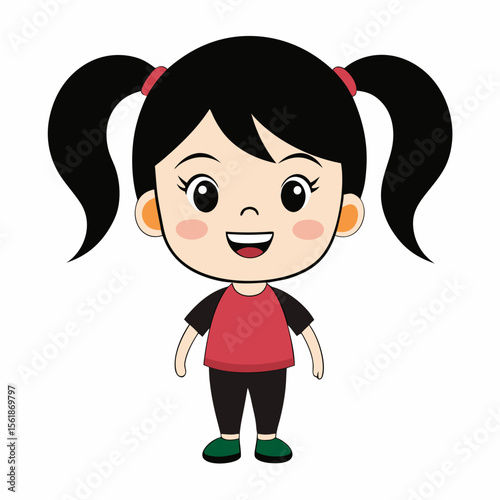 happy girl, black hair girl, girl with ponytails, two ponytails girl, smiling girl, cheerful child, joyful girl, full body girl, full-length girl, standing girl, cartoon girl, child character, black h