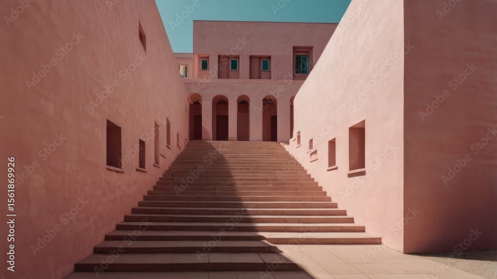 Obraz premium Isometric minimal architecture, surreal stairs, pink color, no people