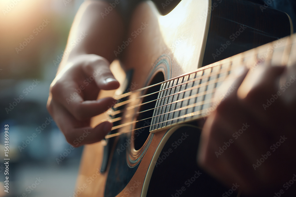 Fototapeta premium Tight shot of acoustic guitar being played, fingers pressing strings mid-chord, natural lighting