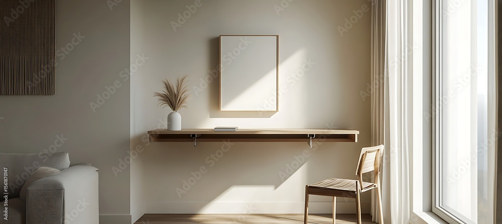 Fototapeta premium Modern Minimal Wall Mounted Desk Setup With Organized Study Elements and Plain Offwhite Wall in the Background