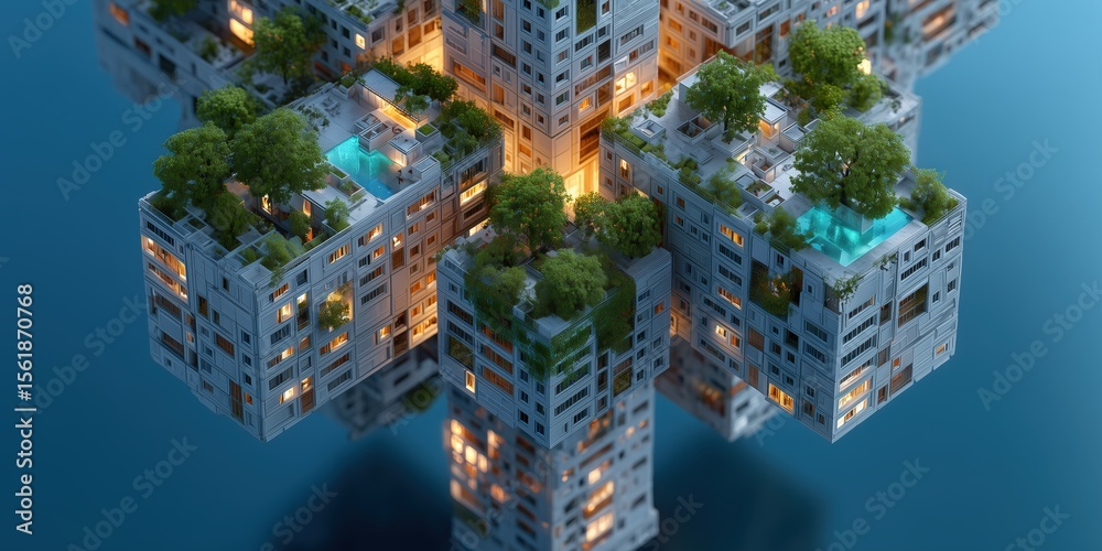 Obraz premium Futuristic architecture with floating buildings and greenery.