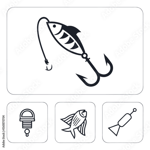 A collection of fishing icons including a fish lure with a hook a fishing bobber and a fish silhouette representing the sport of angling and its equipment