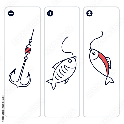 A simple illustration of a fishing hook and two cartoon fish on a fishing line depicted in a vertical three panel format with minimal color