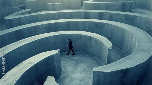 Man walks at endless concrete labyrinth alone, lost man searching for way out of surreal maze. Concept of problem, uncertainty, quest, business, illustration, obstacle, stress