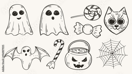 A collection of hand drawn halloween themed doodles including ghosts, candy, a cat, and a spider web design