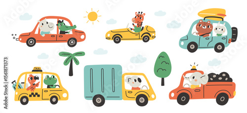 Set of cute cartoon animals driving different cars and trucks. Includes crocodile, giraffe, bear, bunny, koala, elephant, frog, and flamingo. Colorful flat vector on white background