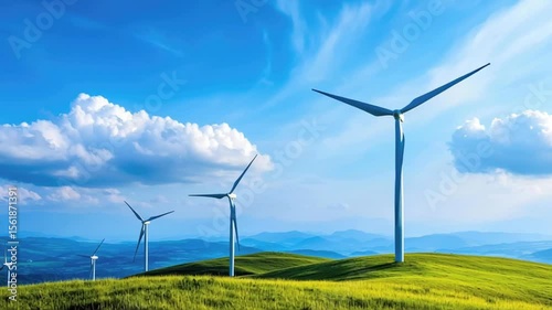 Wind turbines on a green hillside under a bright blue sky