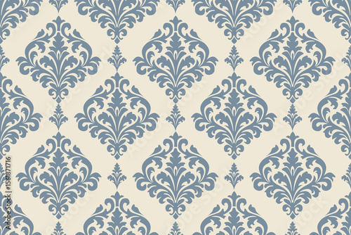 Vintage floral damask pattern in blue on a cream background. Elegant and seamless design, perfect for wallpaper, textiles, or classic-themed graphics.