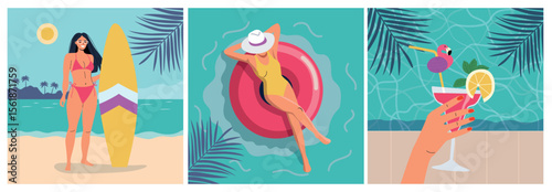 Beach scenes. Happy woman with cocktail, Woman swimming on the inflatable ring in pool water, woman, standing with surfboard. Vector flat cartoon illustration