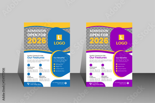 Flyer for Admission: Two vibrant flyers, a visual representation of an institution's open admission event for the year 2026, with focus on eye-catching color scheme to grasp viewer's attention.