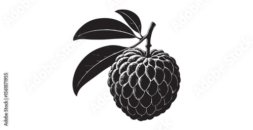 Detailed illustration of a custard apple fruit with leaves in a striking silhouette style