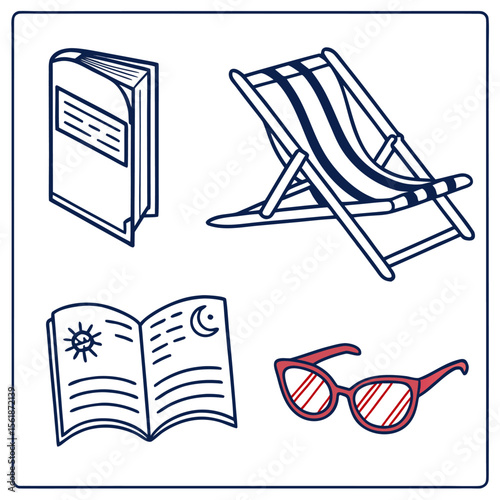 A collection of summer vacation icons including a book a striped deck chair an open book with sun and moon symbols and red sunglasses all in a simple line art style