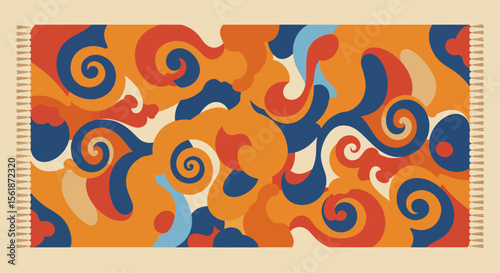 A vibrant, abstract rug design featuring swirling patterns in warm, bold colors.