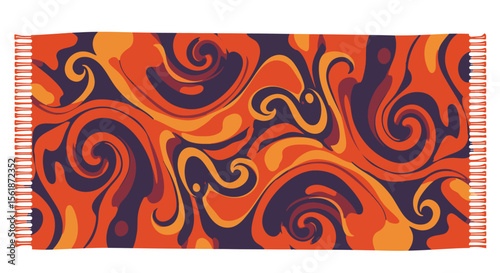 Vibrant abstract rug with swirling orange and dark purple patterns.