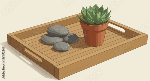 Still life of a succulent in a pot and smooth stones arranged on a wooden tray.